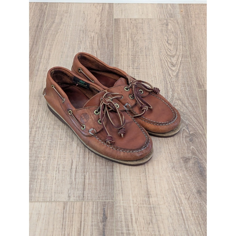 Vintage Timberland Boat Shoes Mens 7.5 M Brown Leather 2 Eye Handsewn USA Made